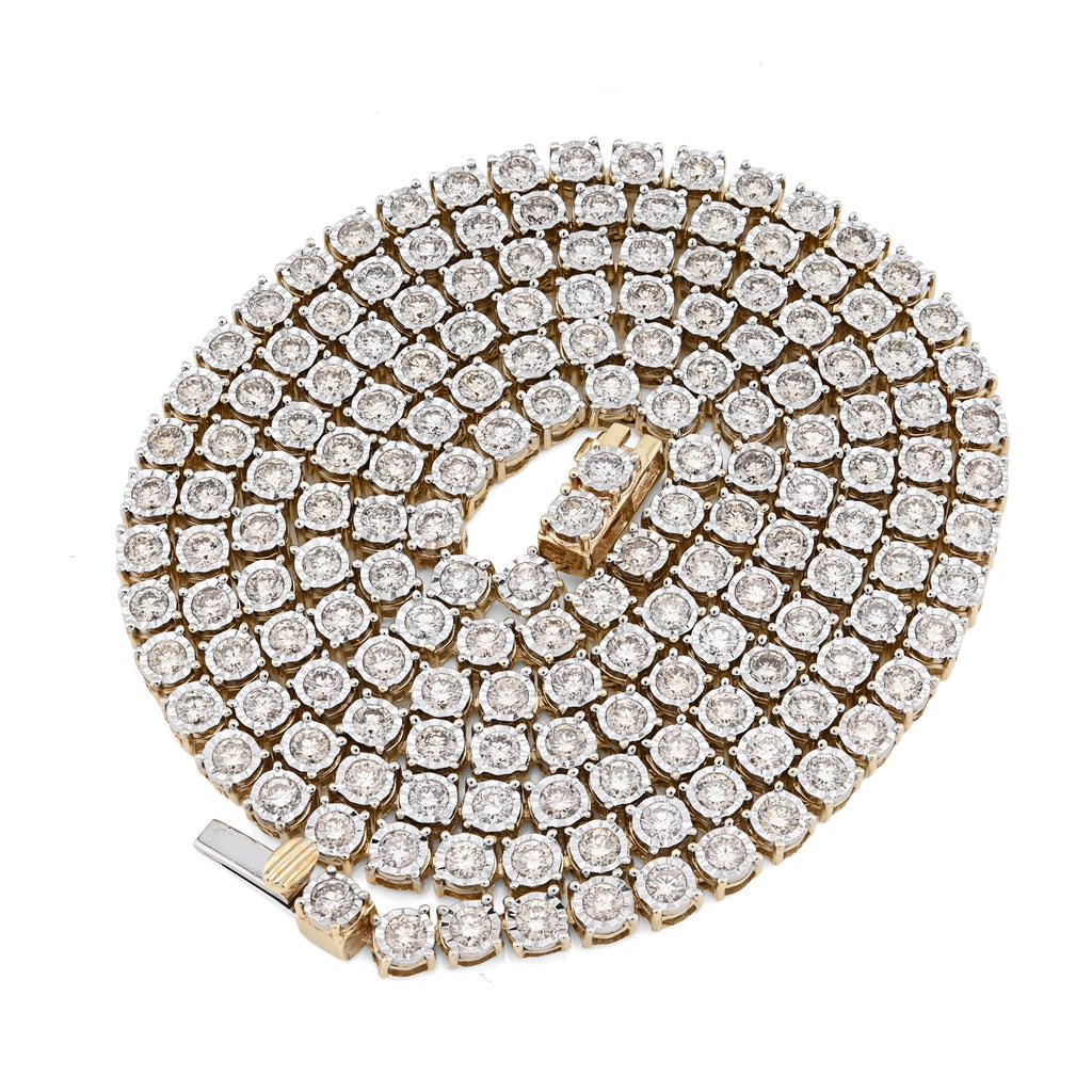 10K Yellow Gold 9.50 CT Natural Diamond Illusion Set Tennis Chain 3 MM 24" Men Necklace