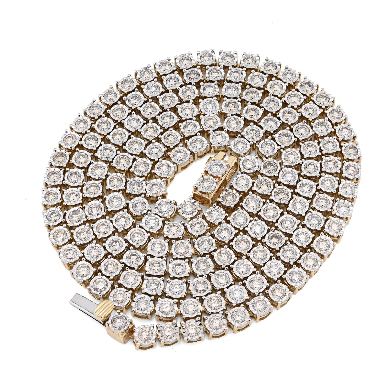 10K Yellow Gold 9.50 CT Natural Diamond Illusion Set Tennis Chain 3 MM 24" Men Necklace