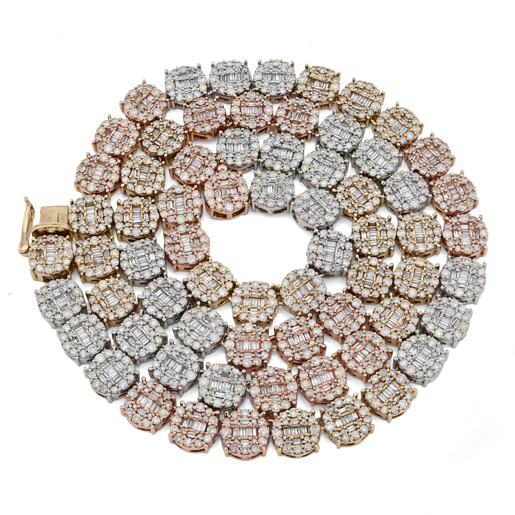 10K Yellow, White & Rose Gold 18.95 CT Natural Diamond Round/Baguette 3 Tone Round Shape Tennis Chain