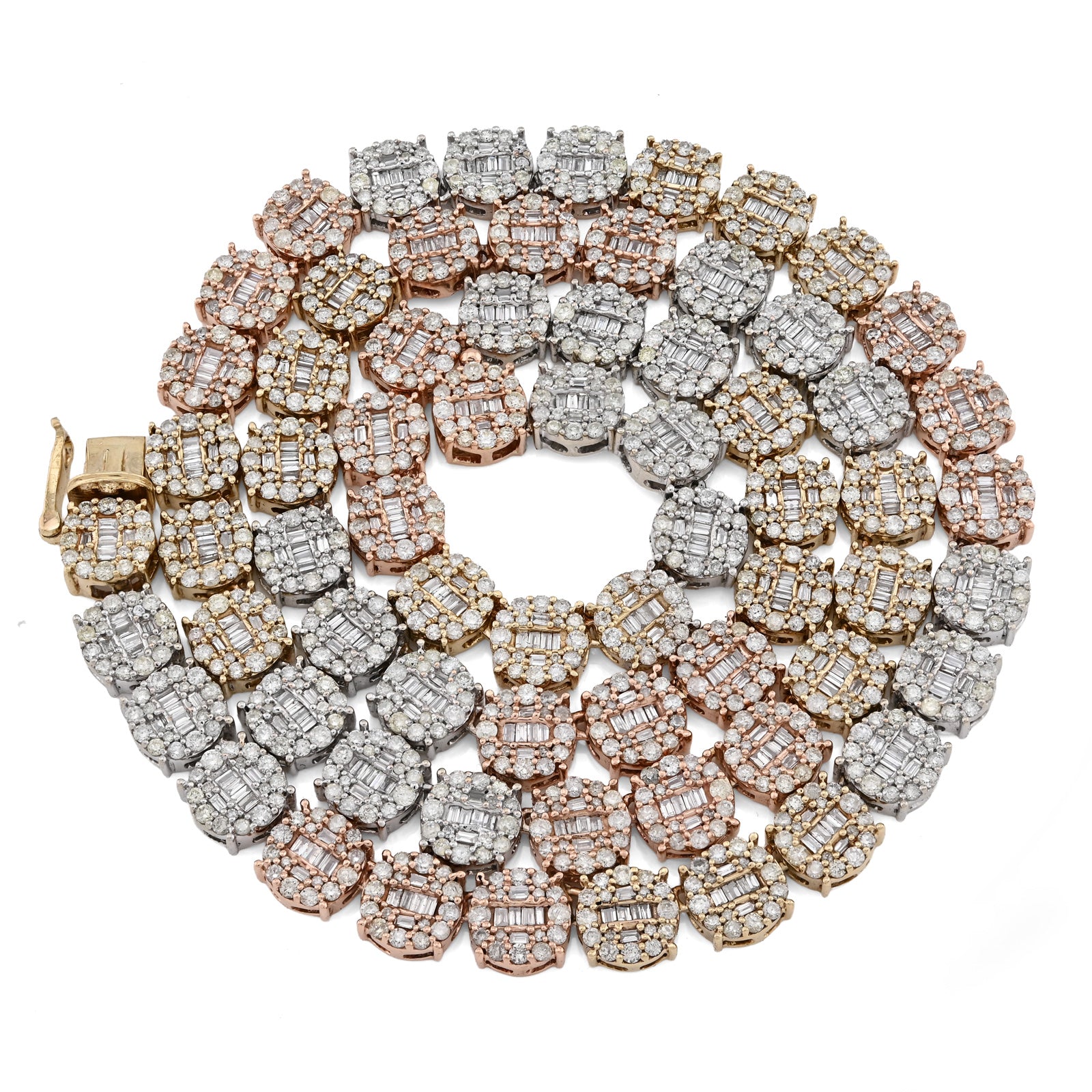 10K Yellow, White & Rose Gold 18.95 CT Natural Diamond Round/Baguette 3 Tone Round Shape Tennis Chain