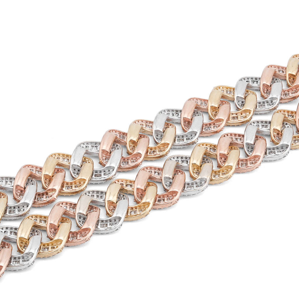 10K 3-Tone Yellow/White/Rose Gold 26CT Natural Diamond Round/Baguette 13MM Chain Men 22" Necklace