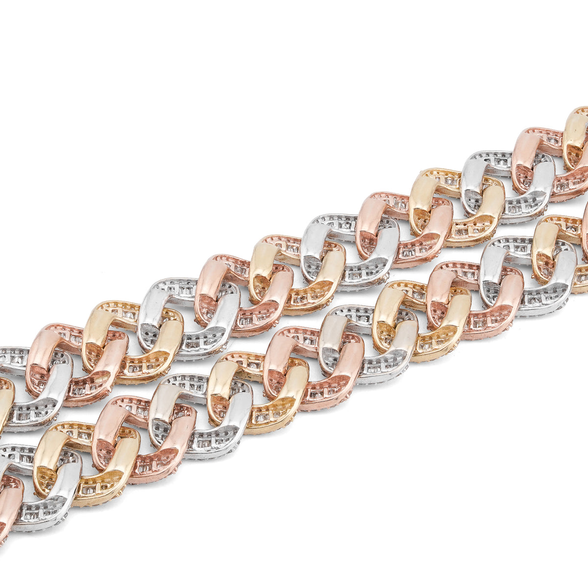 10K 3-Tone Yellow/White/Rose Gold 26CT Natural Diamond Round/Baguette 13MM Chain Men 22" Necklace