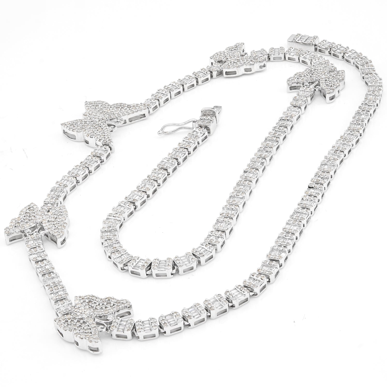 10K White Gold 5.48 CT Round & baguette Natural Diamond Butterfly Tennis Chain 18" Women Necklace 26.5 g