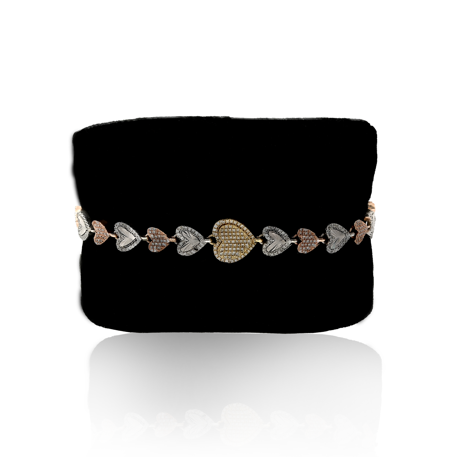 10K Yellow, White & Rose Gold 3 Tone 2CT Natural Diamond Heart Bracelet