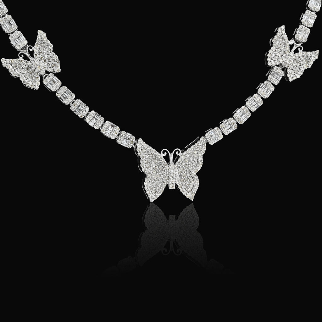 10K White Gold 5.48 CT Round & baguette Natural Diamond Butterfly Tennis Chain 18" Women Necklace 26.5 g