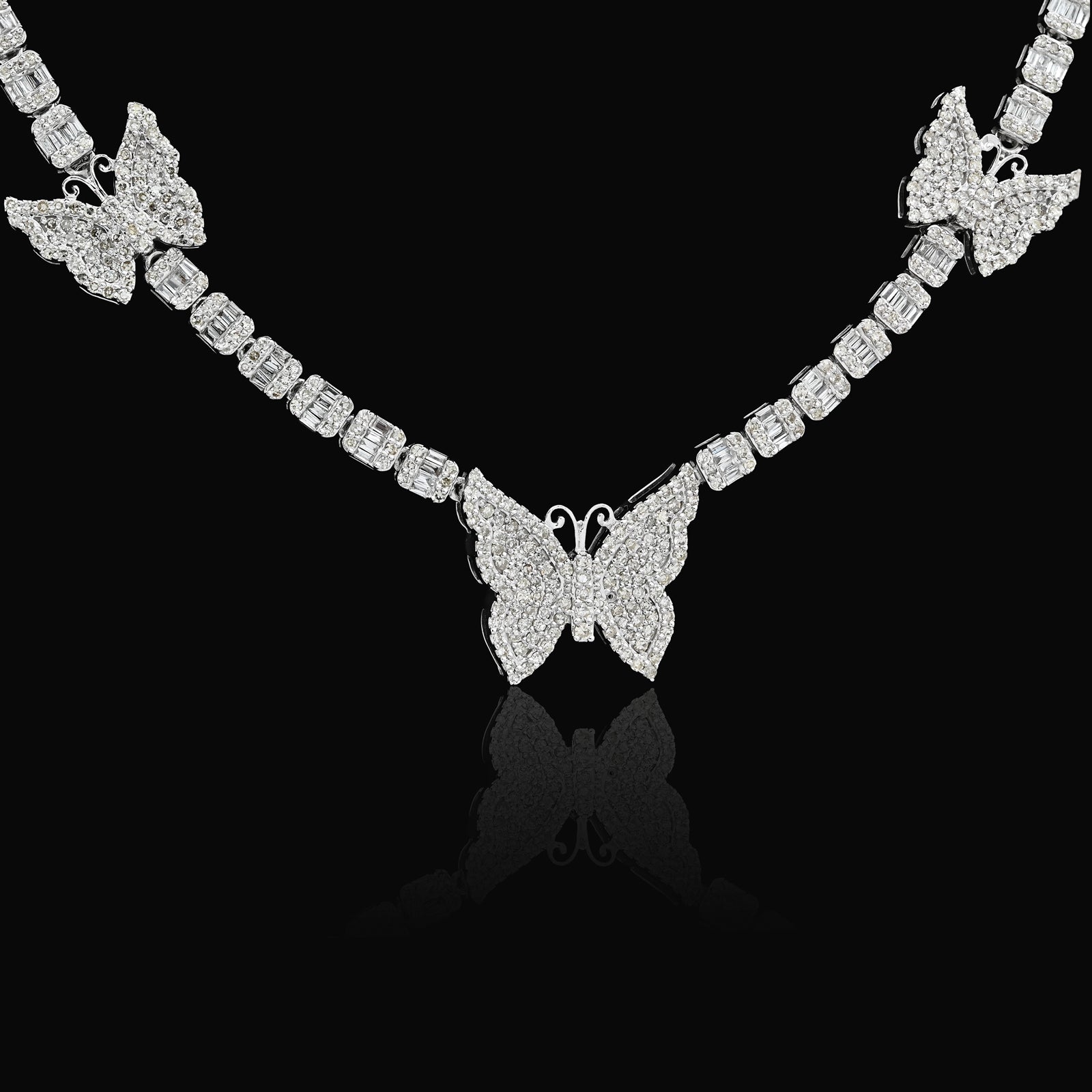 10K White Gold 5.48 CT Round & baguette Natural Diamond Butterfly Tennis Chain 18" Women Necklace 26.5 g