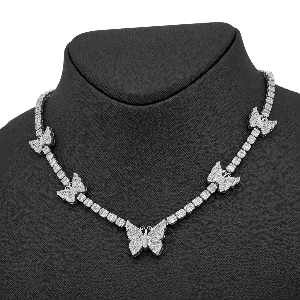 10K White Gold 5.48 CT Round & baguette Natural Diamond Butterfly Tennis Chain 18" Women Necklace 26.5 g