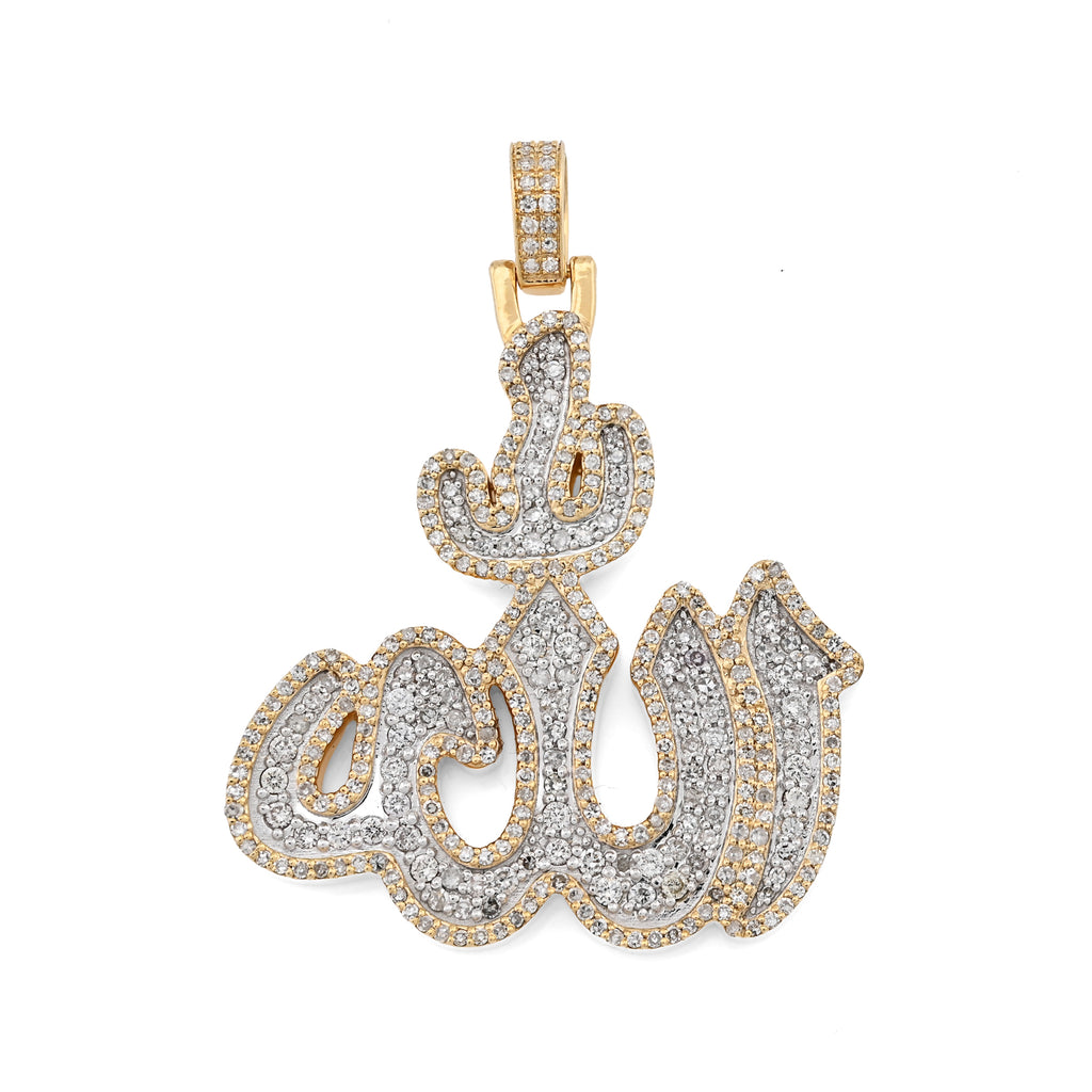 10K Yellow Gold 1.25 CT Natural Diamond Allah Religious Pendant Men Women Charm 1.75"