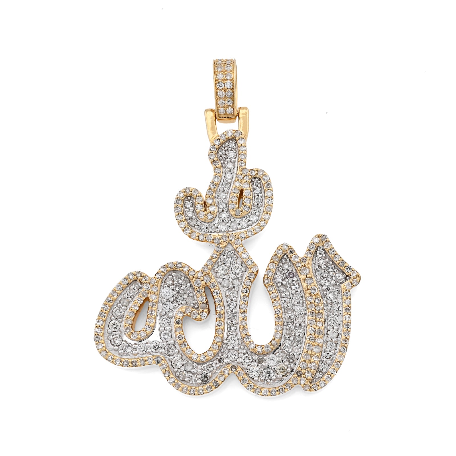 10K Yellow Gold 1.25 CT Natural Diamond Allah Religious Pendant Men Women Charm 1.75"