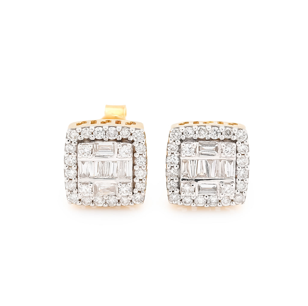 10K Yellow Gold 0.67 CT Round/Baguette Natural Diamonds Square Earrings Women Men Studs