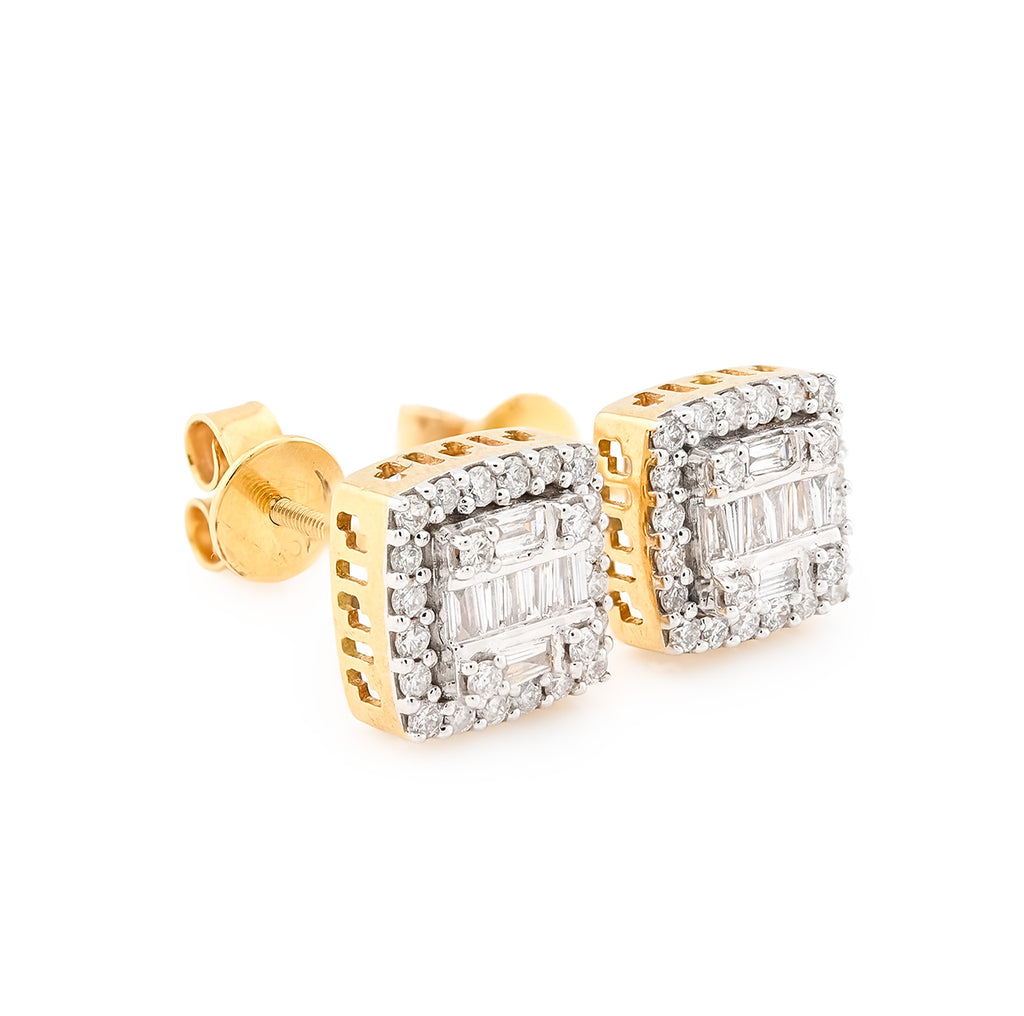 10K Yellow Gold 0.67 CT Round/Baguette Natural Diamonds Square Earrings Women Men Studs