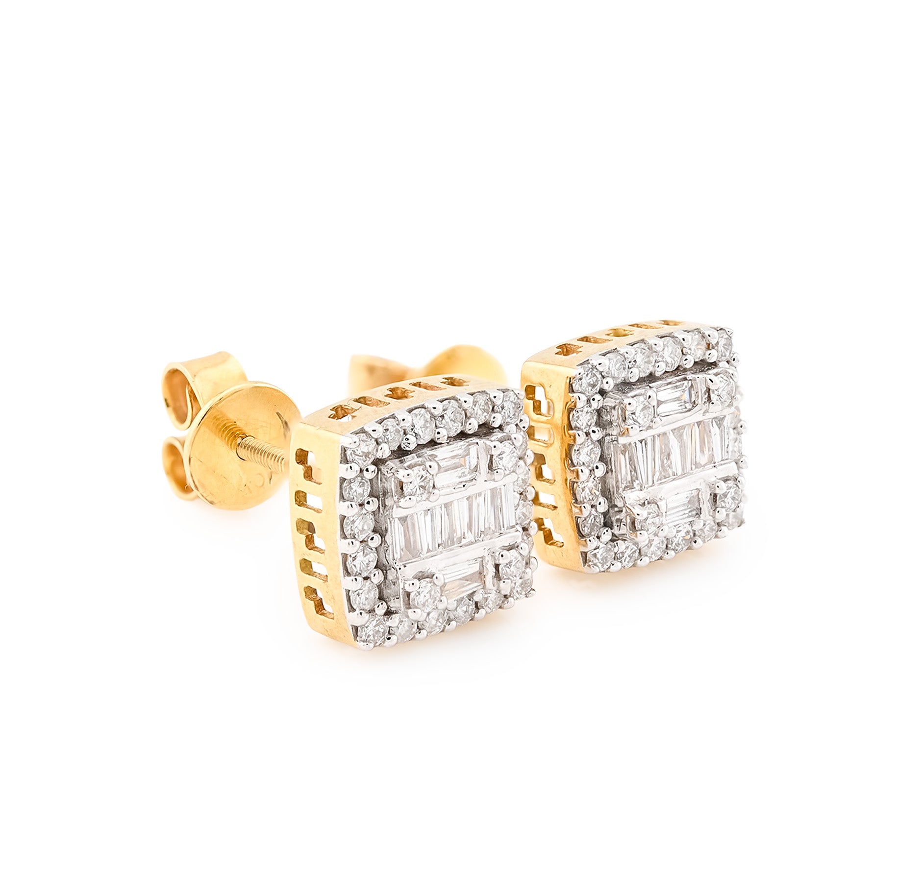 10K Yellow Gold 0.67 CT Round/Baguette Natural Diamonds Square Earrings Women Men Studs