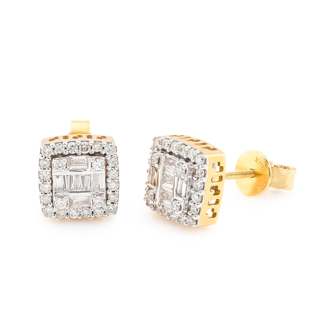 10K Yellow Gold 0.67 CT Round/Baguette Natural Diamonds Square Earrings Women Men Studs
