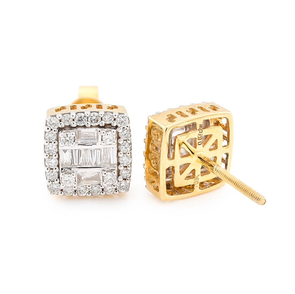 10K Yellow Gold 0.67 CT Round/Baguette Natural Diamonds Square Earrings Women Men Studs