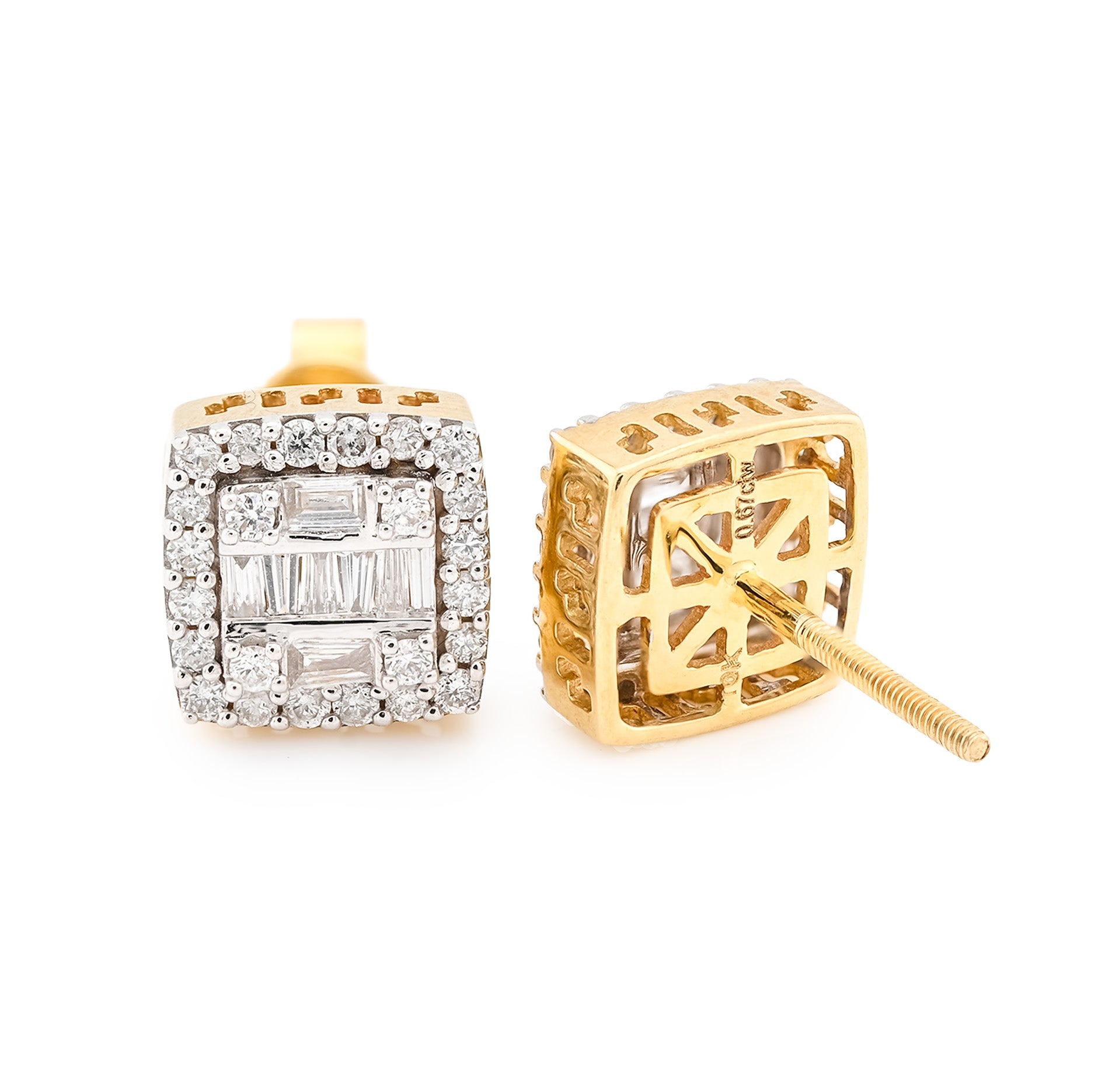 10K Yellow Gold 0.67 CT Round/Baguette Natural Diamonds Square Earrings Women Men Studs