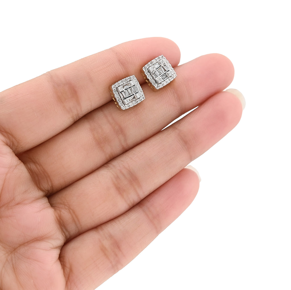 10K Yellow Gold 0.67 CT Round/Baguette Natural Diamonds Square Earrings Women Men Studs