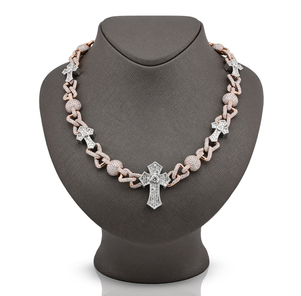 10K Rose/White Gold 2 Tone 28CT Natural Diamond Round/Baguette Cross & Infinity Link Chain 22" Necklace