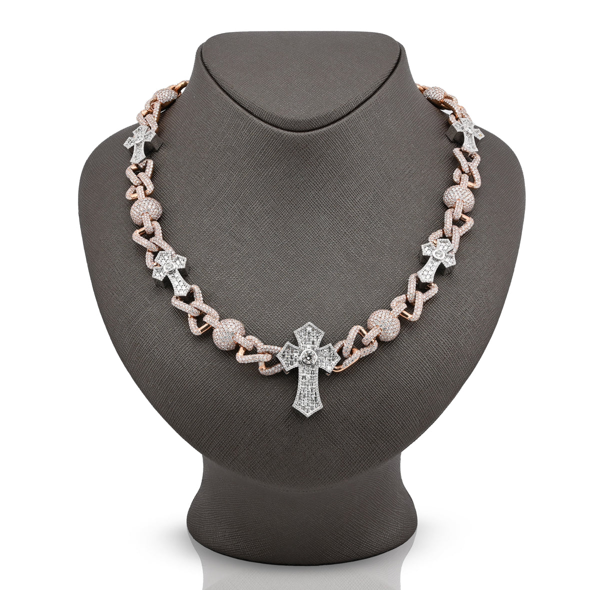 10K Rose/White Gold 2 Tone 28CT Natural Diamond Round/Baguette Cross & Infinity Link Chain 22" Necklace