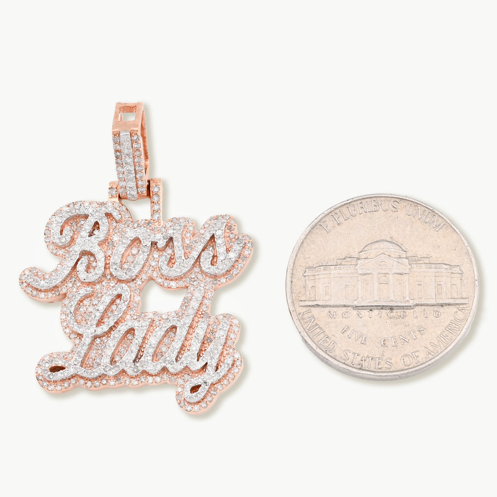 10K Rose Gold 1.12 CT Natural Diamond "BOSS LADY" Pendant Women 36 MM