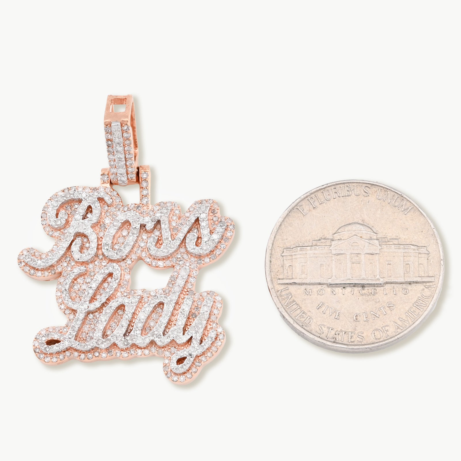 10K Rose Gold 1.12 CT Natural Diamond "BOSS LADY" Pendant Women 36 MM
