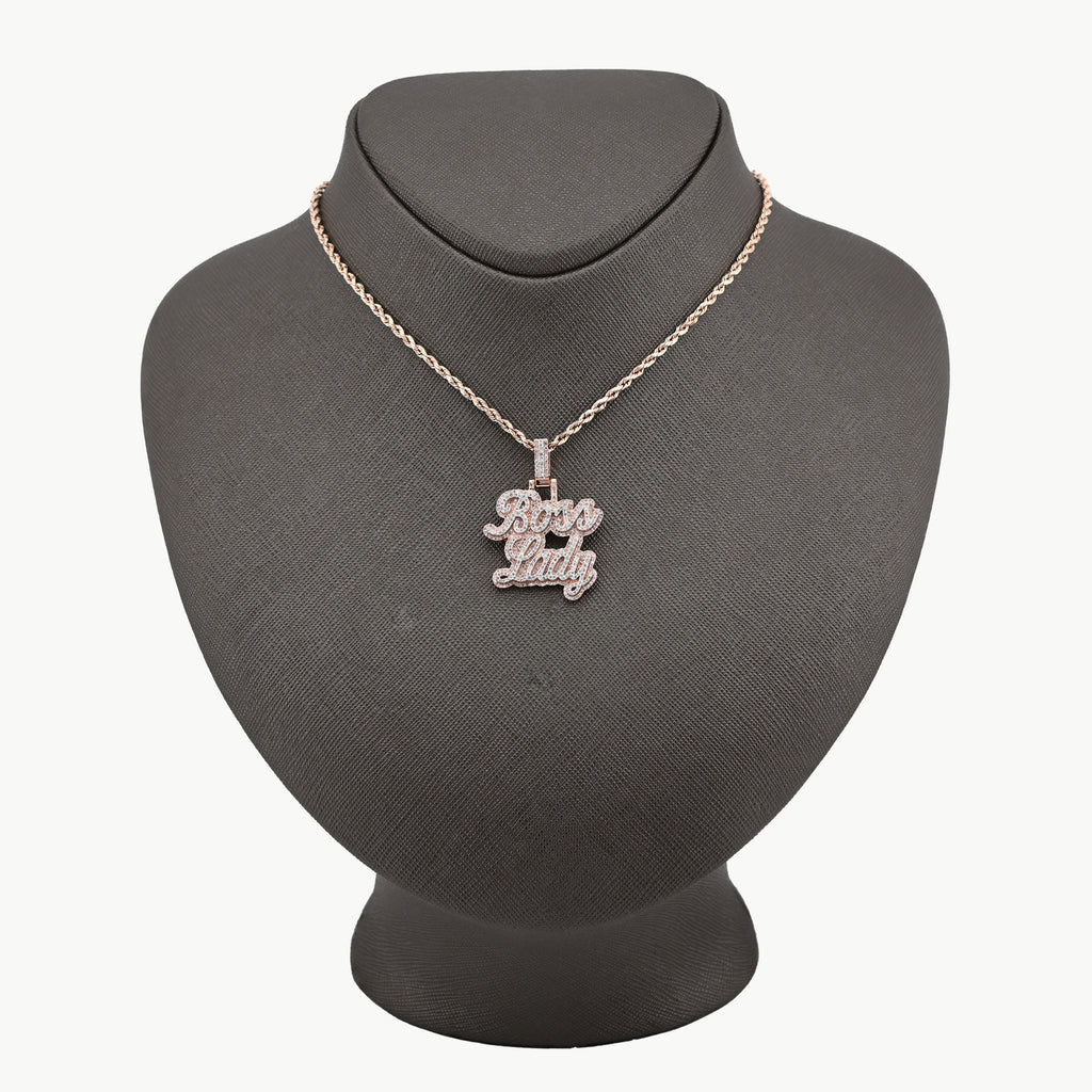 10K Rose Gold 1.12 CT Natural Diamond "BOSS LADY" Pendant Women 36 MM