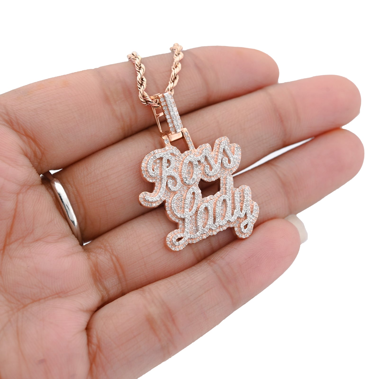 10K Rose Gold 1.12 CT Natural Diamond "BOSS LADY" Pendant Women 36 MM