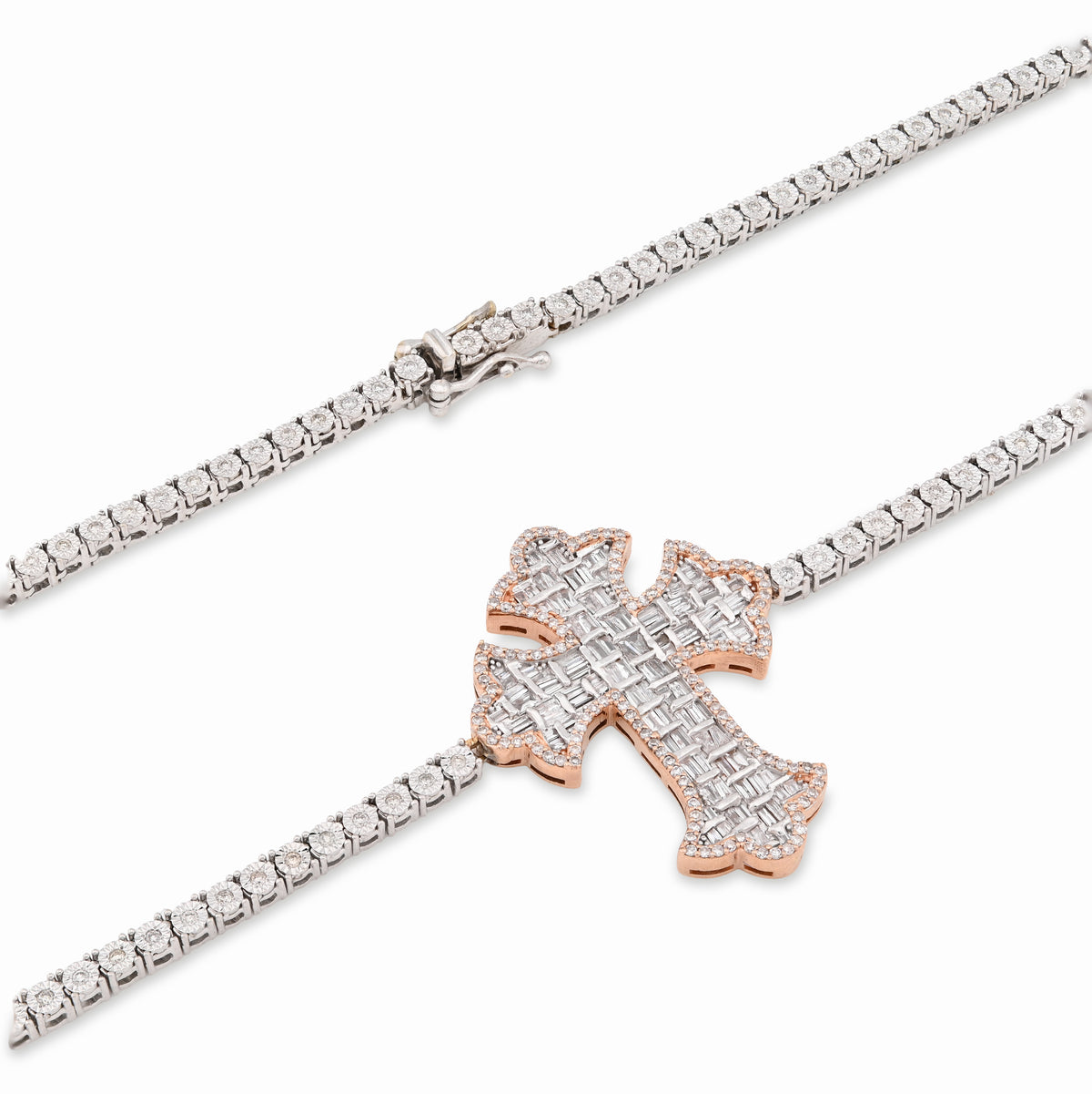 10K Rose/White 2 Tone Natural Diamond 4CT Round/Baguette 22" Tennis Chain 2.8MM Men Women Necklace