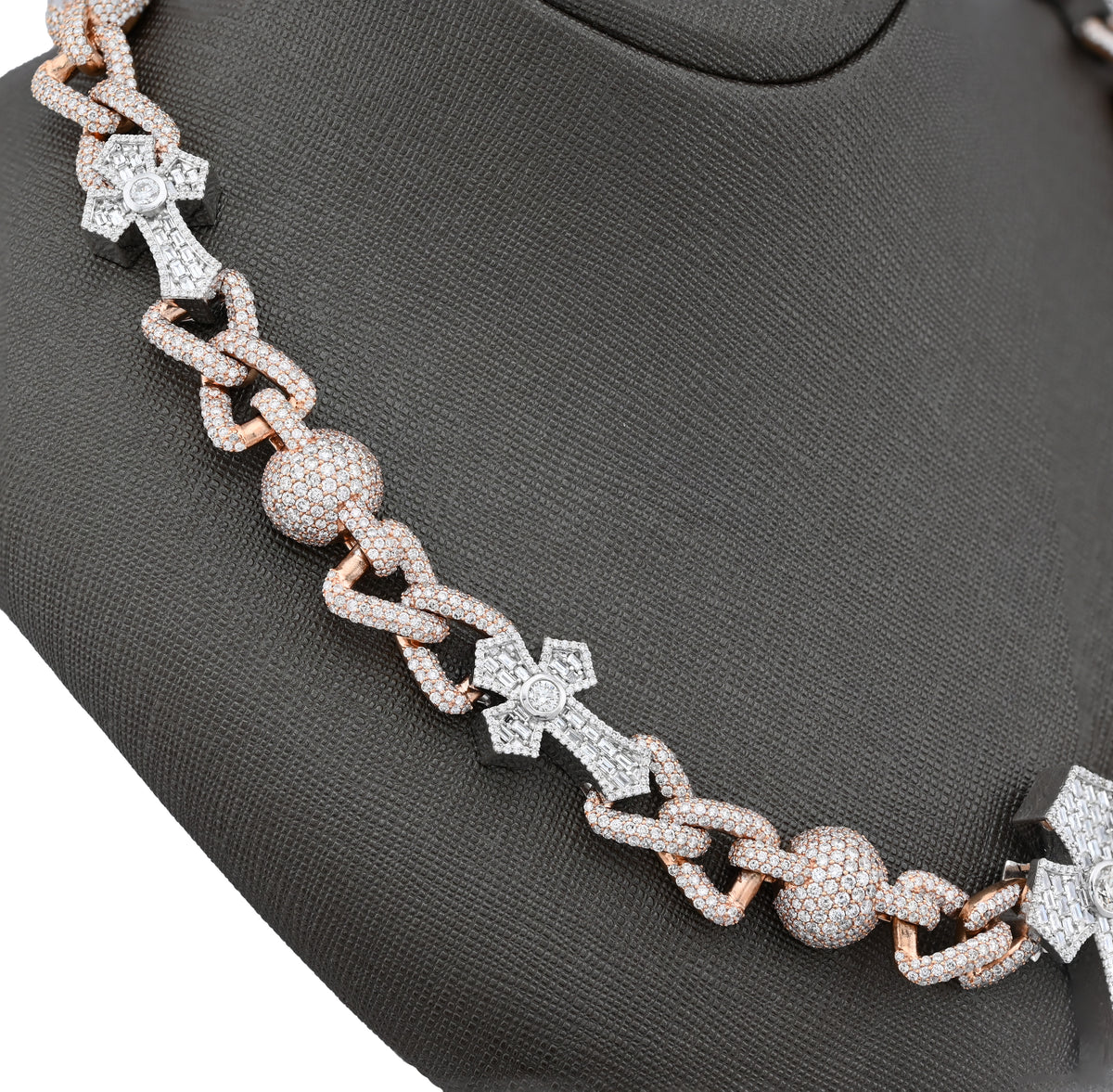 10K Rose/White Gold 2 Tone 28CT Natural Diamond Round/Baguette Cross & Infinity Link Chain 22" Necklace