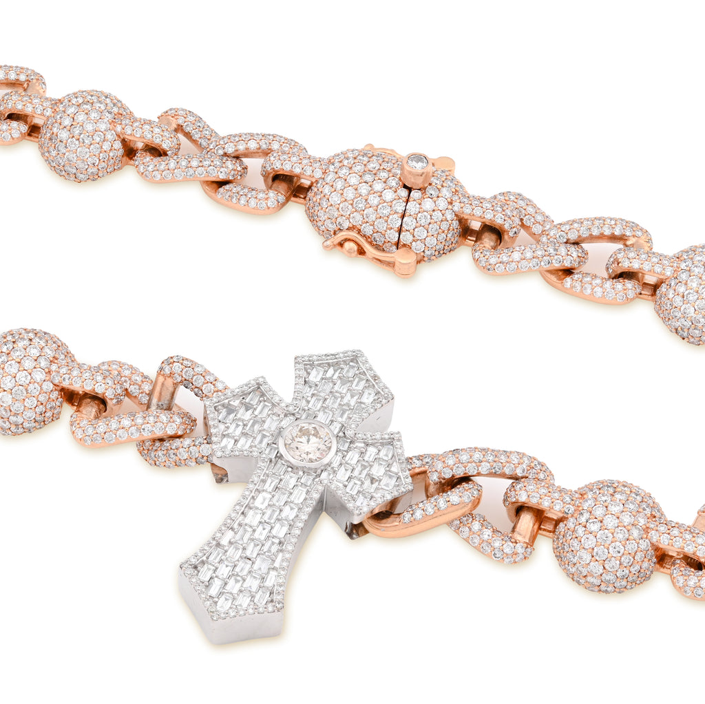 10K Rose/White Gold 2 Tone 28CT Natural Diamond Round/Baguette Cross & Infinity Link Chain 22" Necklace