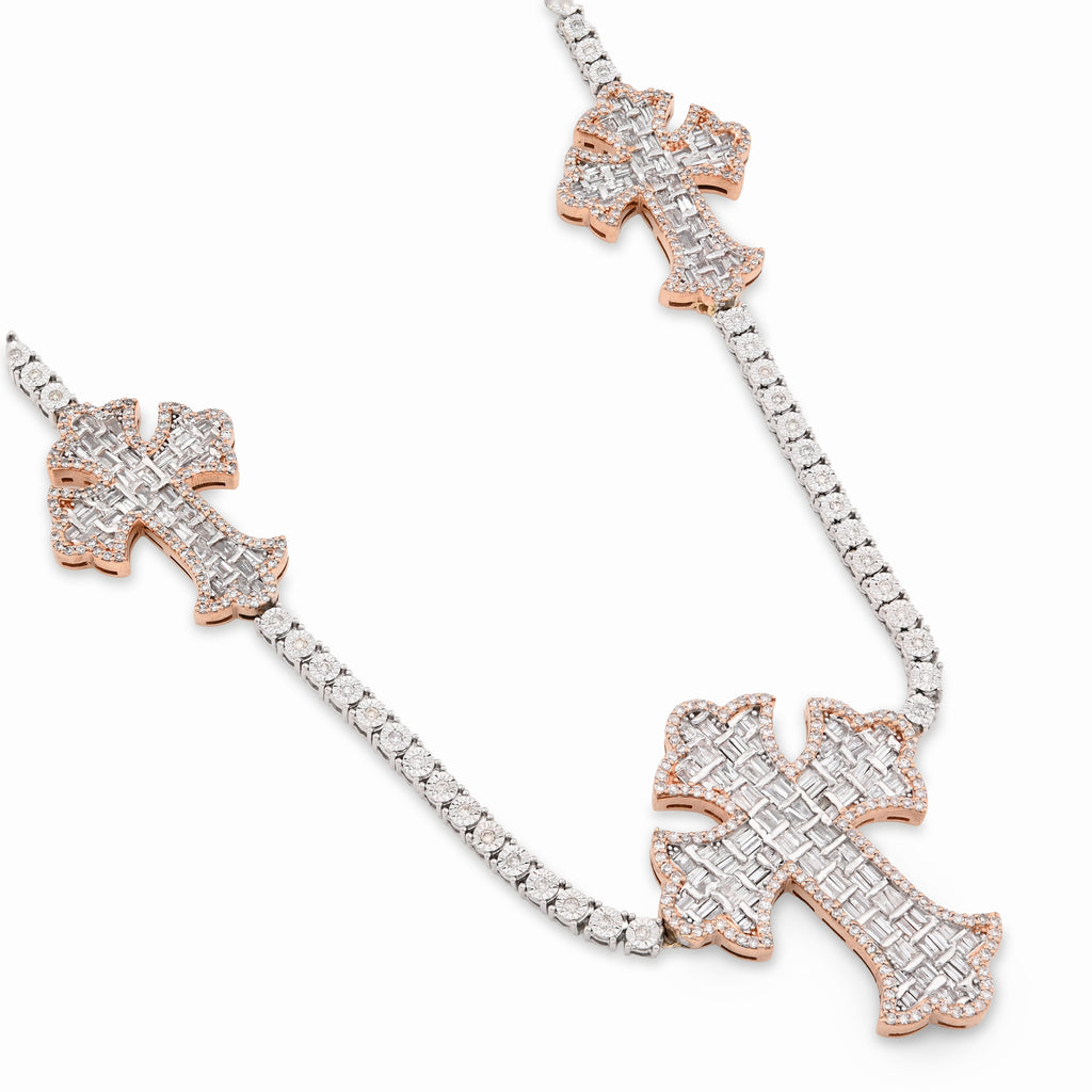 10K Rose/White 2 Tone Natural Diamond 4CT Round/Baguette 22" Tennis Chain 2.8MM Men Women Necklace