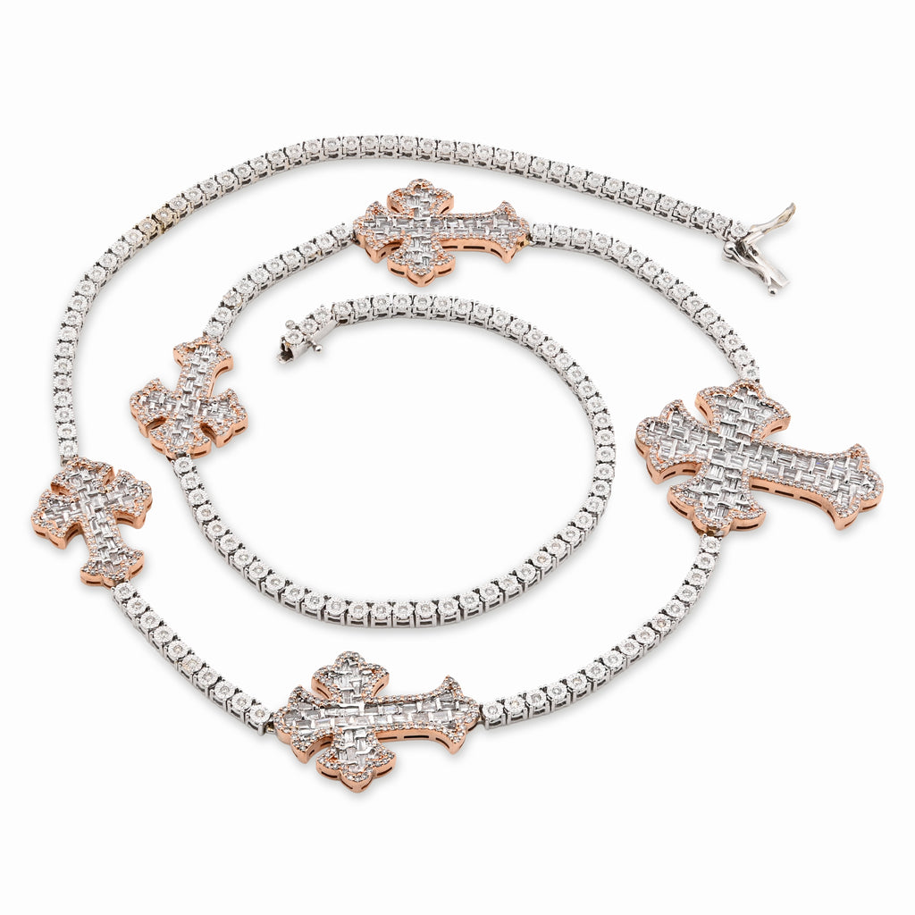 10K Rose/White 2 Tone Natural Diamond 4CT Round/Baguette 22" Tennis Chain 2.8MM Men Women Necklace