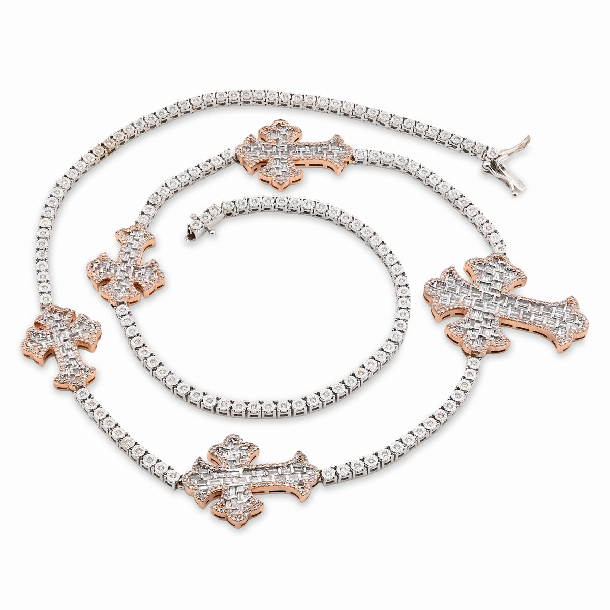 10K Rose/White 2 Tone Natural Diamond 4CT Round/Baguette 22" Tennis Chain 2.8MM Men Women Necklace