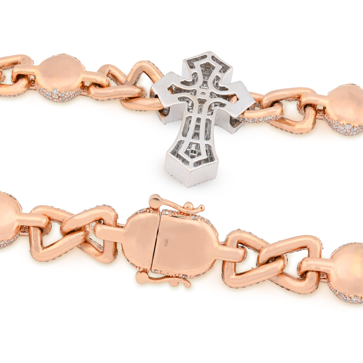 10K Rose/White Gold 2 Tone 28CT Natural Diamond Round/Baguette Cross & Infinity Link Chain 22" Necklace