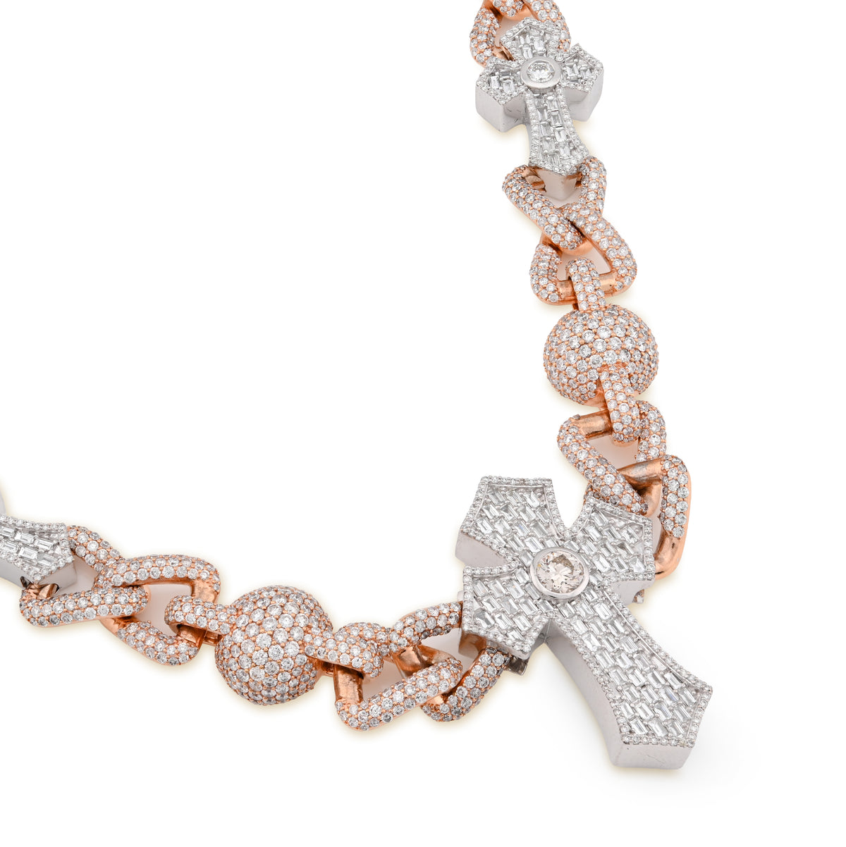 10K Rose/White Gold 2 Tone 28CT Natural Diamond Round/Baguette Cross & Infinity Link Chain 22" Necklace