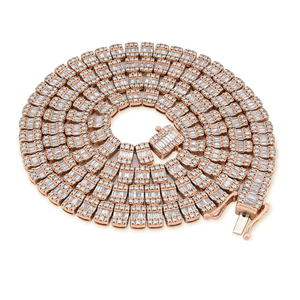 10K Rose Gold 15.4CT Natural Diamond Round/Baguette 7MM tennis Chain 7MM Men Women Necklace