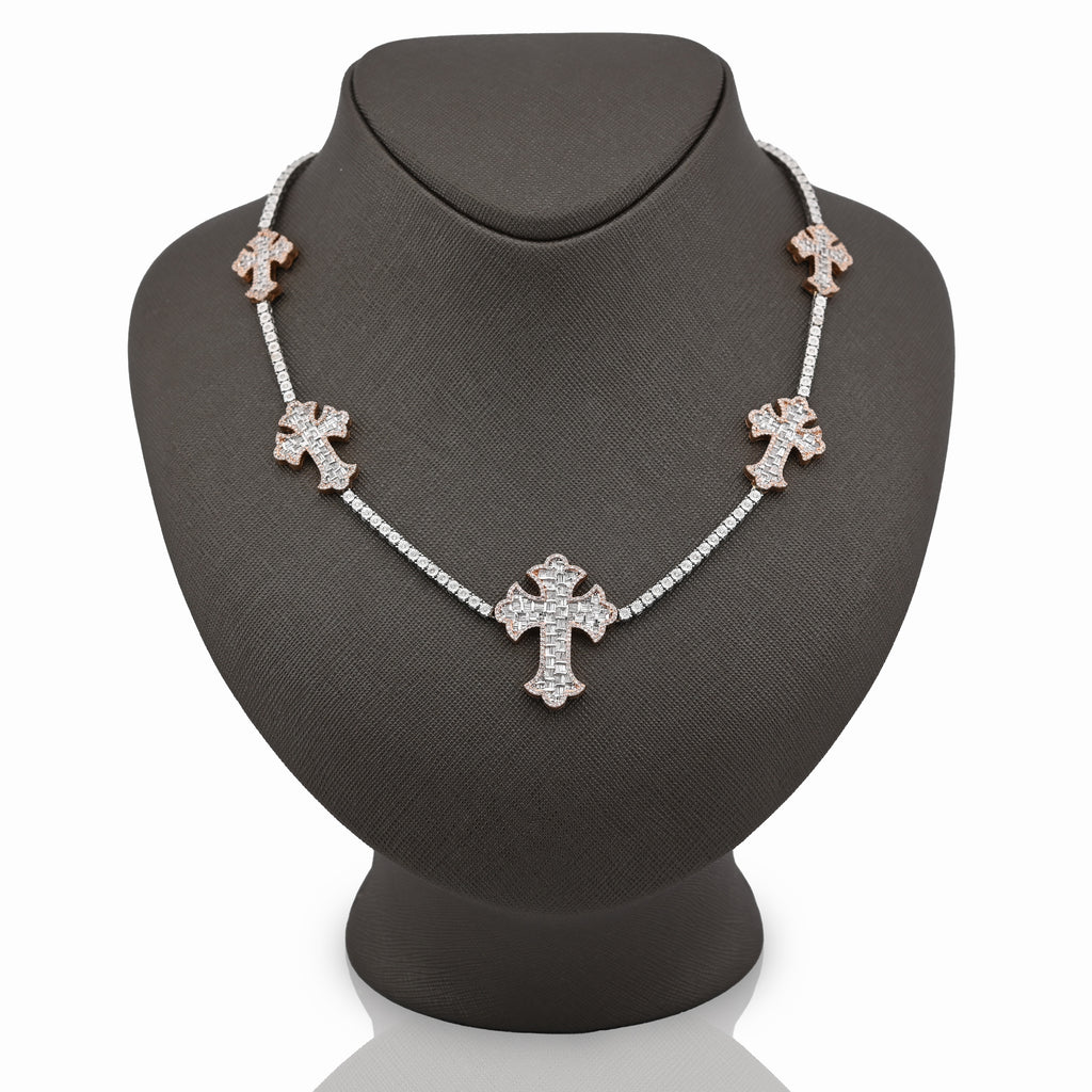 10K Rose/White 2 Tone Natural Diamond 4CT Round/Baguette 22" Tennis Chain 2.8MM Men Women Necklace