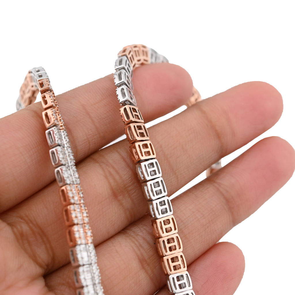 10K Rose/White Gold 9CT Natural Diamond Round/Baguette Tennis Chain 5MM Men Women 20" Chain