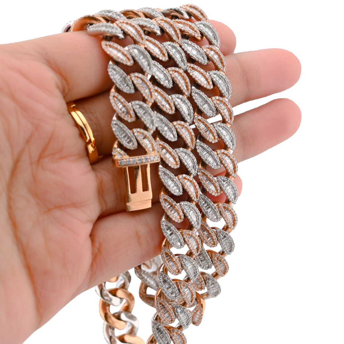 10K Rose/White Gold 21.48CT Natural Round/Baguette Diamond 22" Cuban Link Chain 12MM Necklace