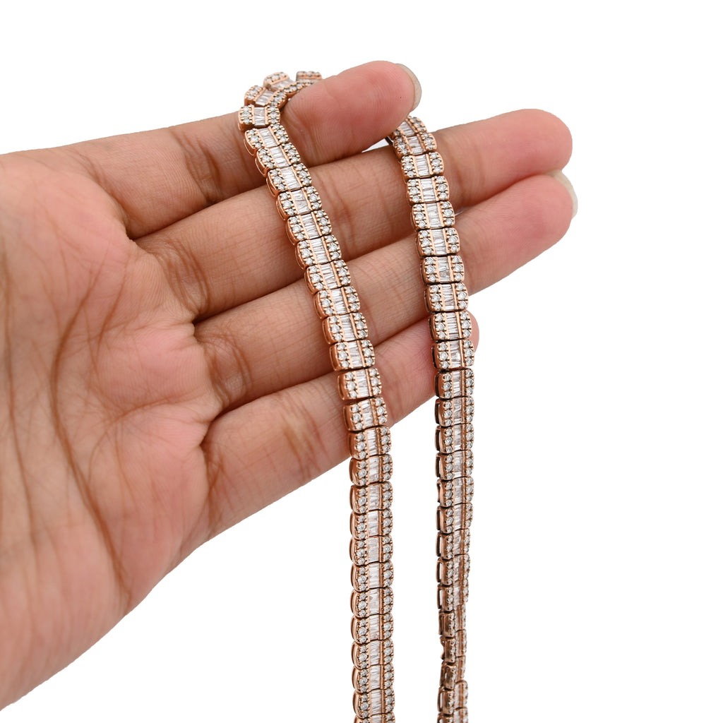 10K Rose Gold 15.4CT Natural Diamond Round/Baguette 7MM tennis Chain 7MM Men Women Necklace