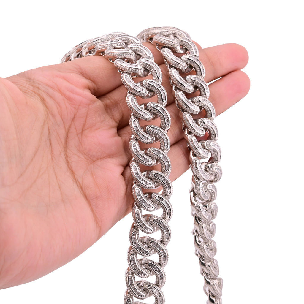 10K White Gold Natural Diamond 26.5 CT Round/Baguette Natural Diamond 17MM Cuban Link Chain 23" Men Necklace