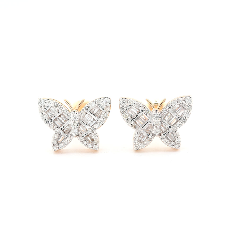 10K Yellow Gold 0.5 CT Baguette & Round Natural Diamond Butterfly Studs Women Earring