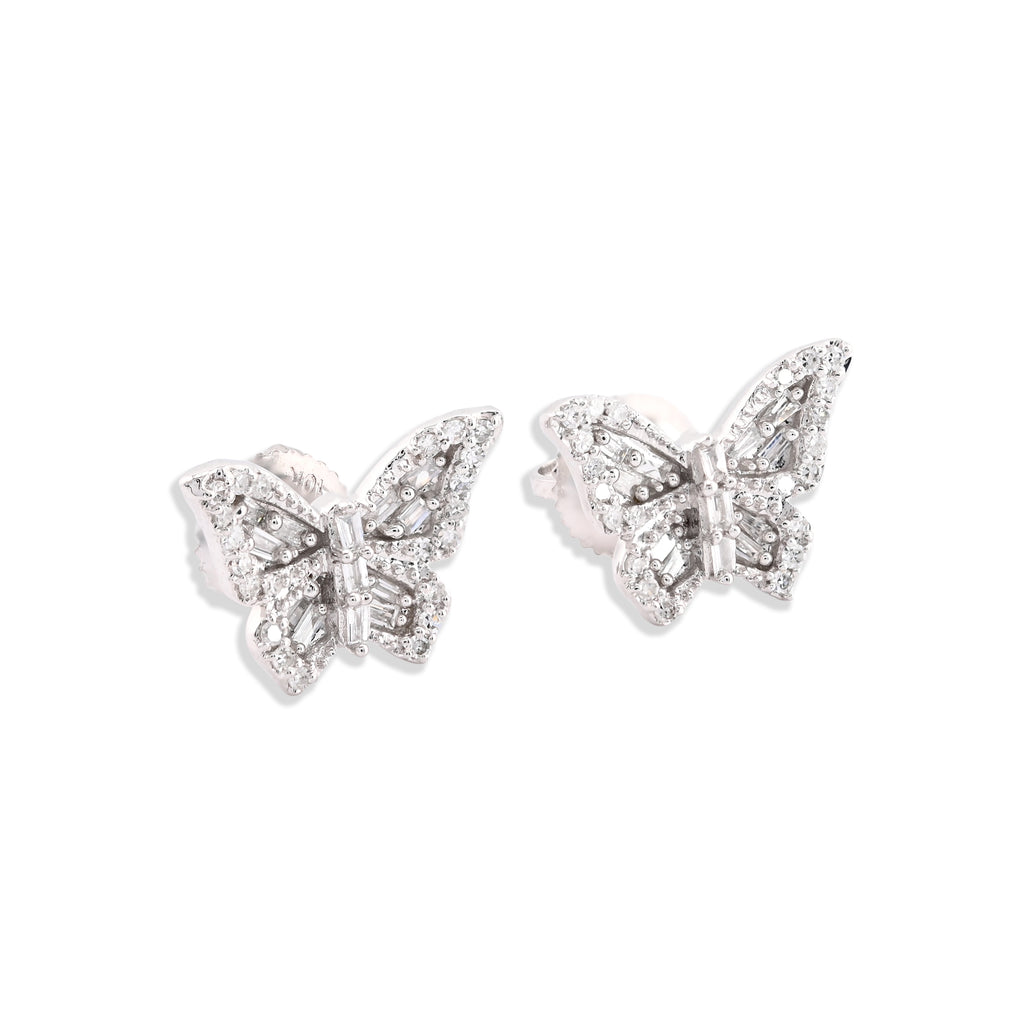 10K White Gold 0.27CT Natural Diamond Round & Baguette Butterfly Stud Women Earring