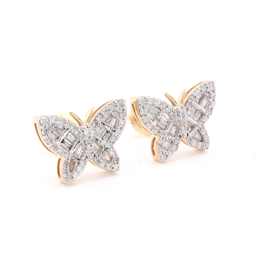 10K Yellow Gold 0.5 CT Baguette & Round Natural Diamond Butterfly Studs Women Earring