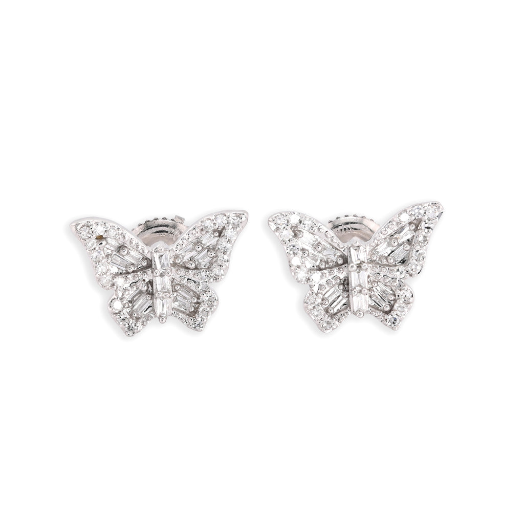 10K White Gold 0.27CT Natural Diamond Round & Baguette Butterfly Stud Women Earring