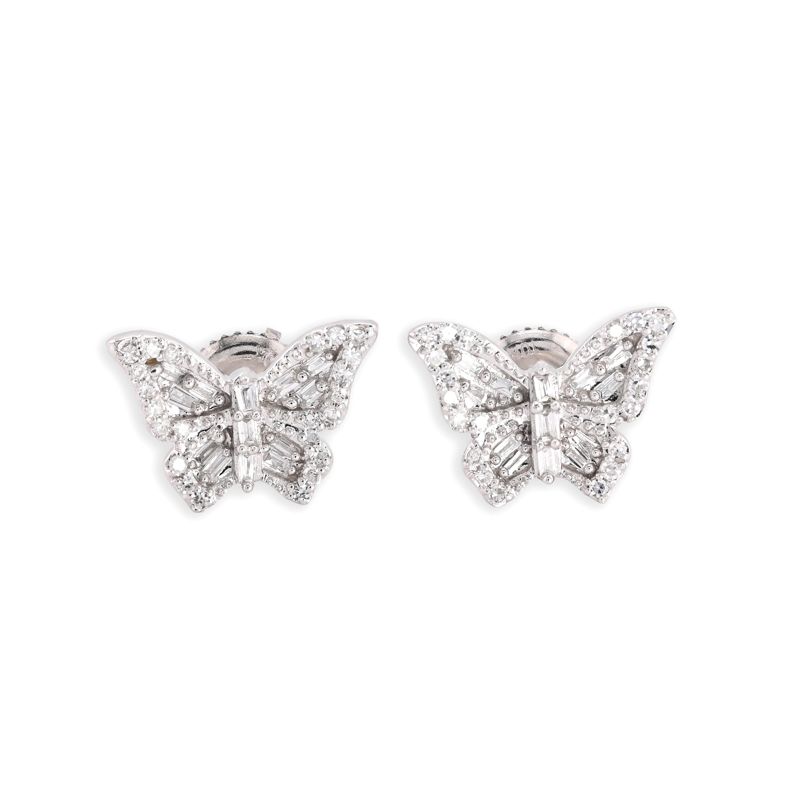 10K White Gold 0.27CT Natural Diamond Round & Baguette Butterfly Stud Women Earring