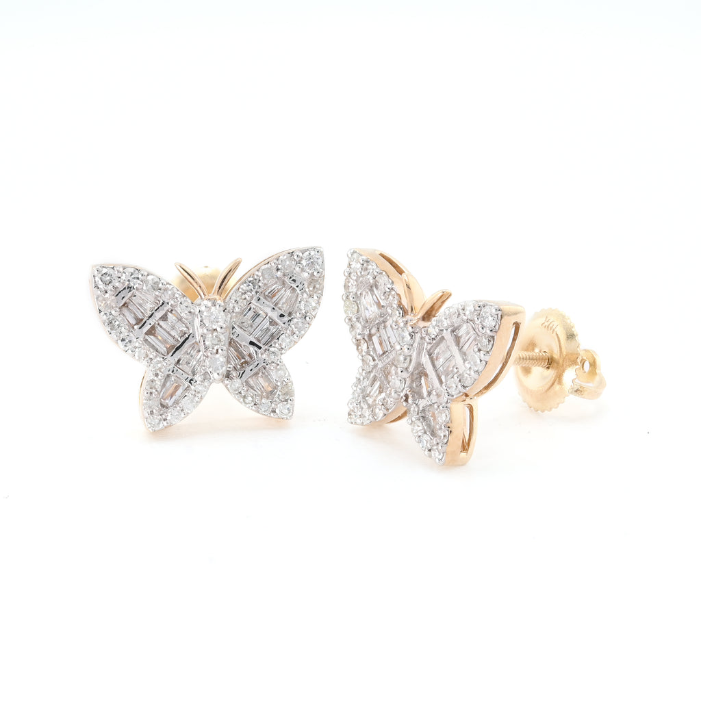 10K Yellow Gold 0.5 CT Baguette & Round Natural Diamond Butterfly Studs Women Earring