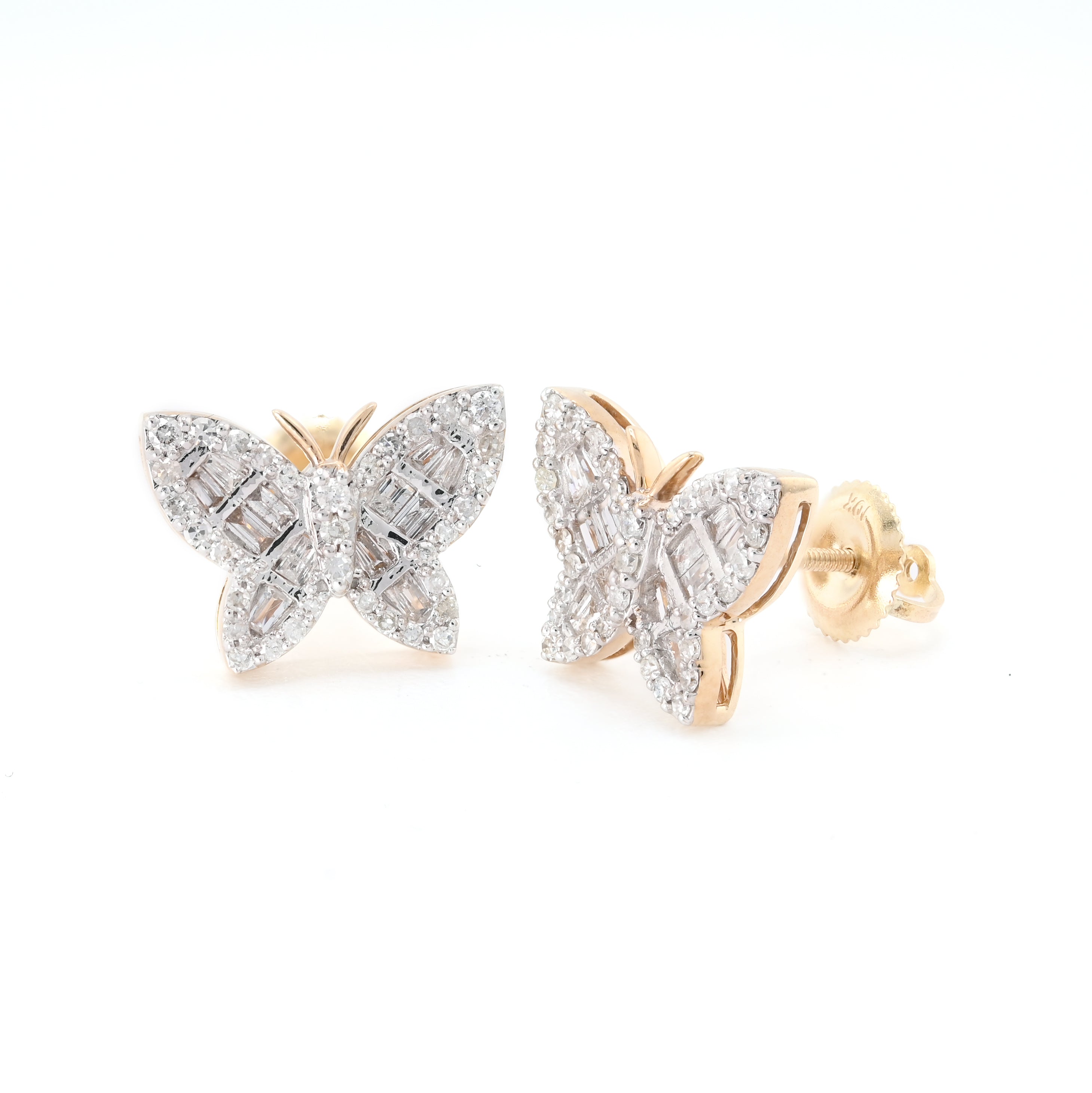 10K Yellow Gold 0.5 CT Baguette & Round Natural Diamond Butterfly Studs Women Earring