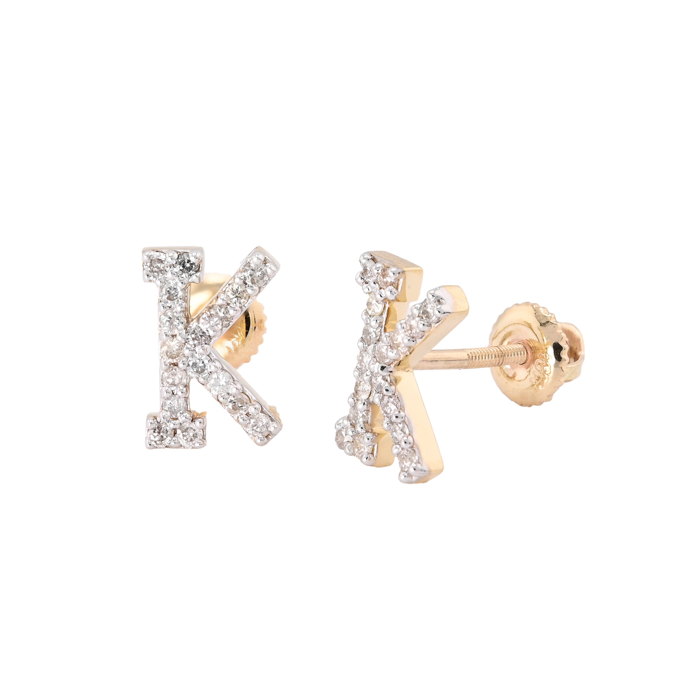 10K Yellow Gold "K" Initial 0.28CT Natural Diamond Stud Alphabet Earring