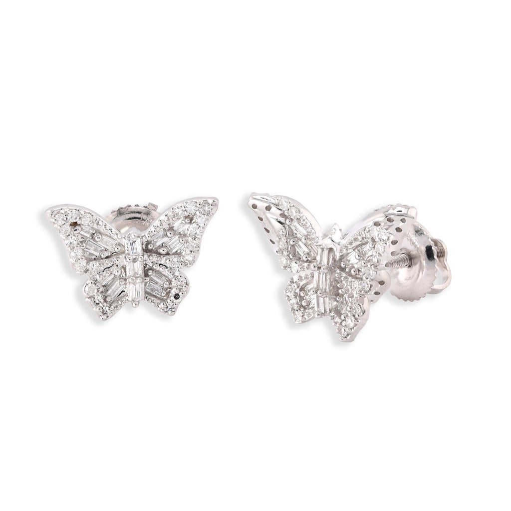 10K White Gold 0.27CT Natural Diamond Round & Baguette Butterfly Stud Women Earring