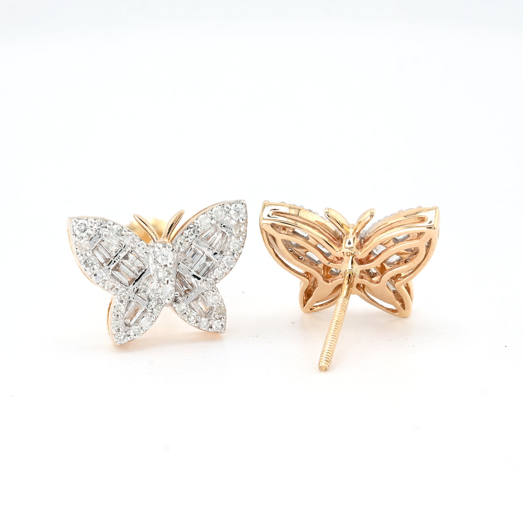 10K Yellow Gold 0.5 CT Baguette & Round Natural Diamond Butterfly Studs Women Earring